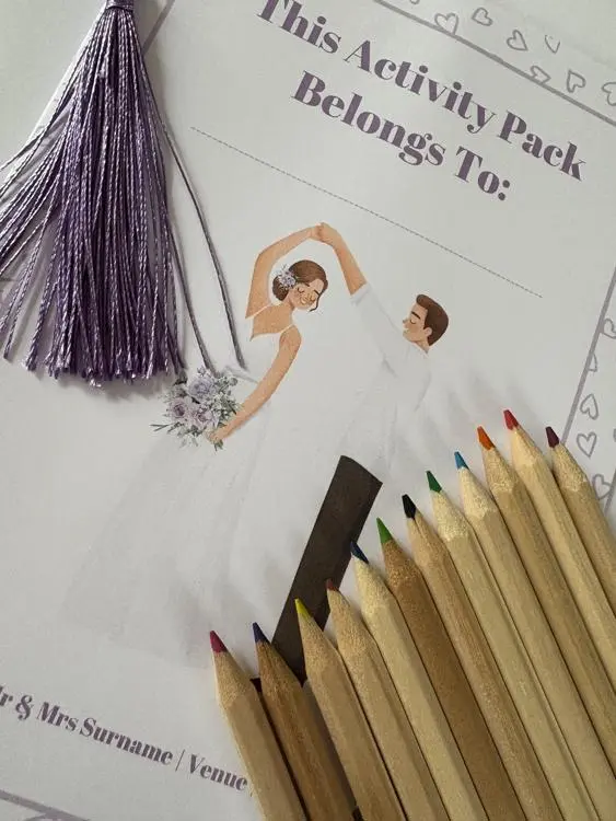 Kids wedding activity pack with colour pens