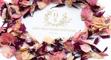 Red and pink leaf confetti in circle around logo
