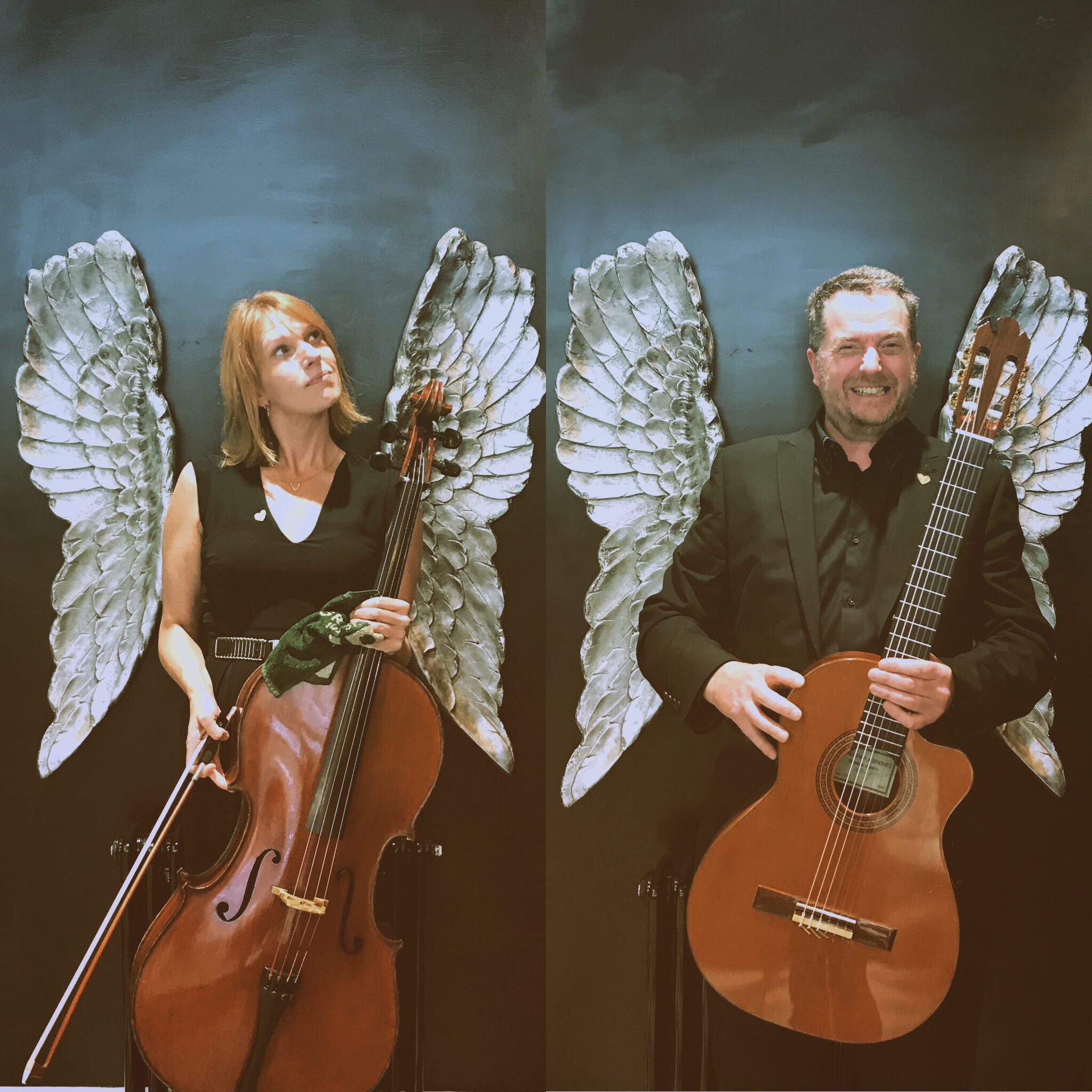Duetto Arpeggione with cello and guitar with angel wings on black background