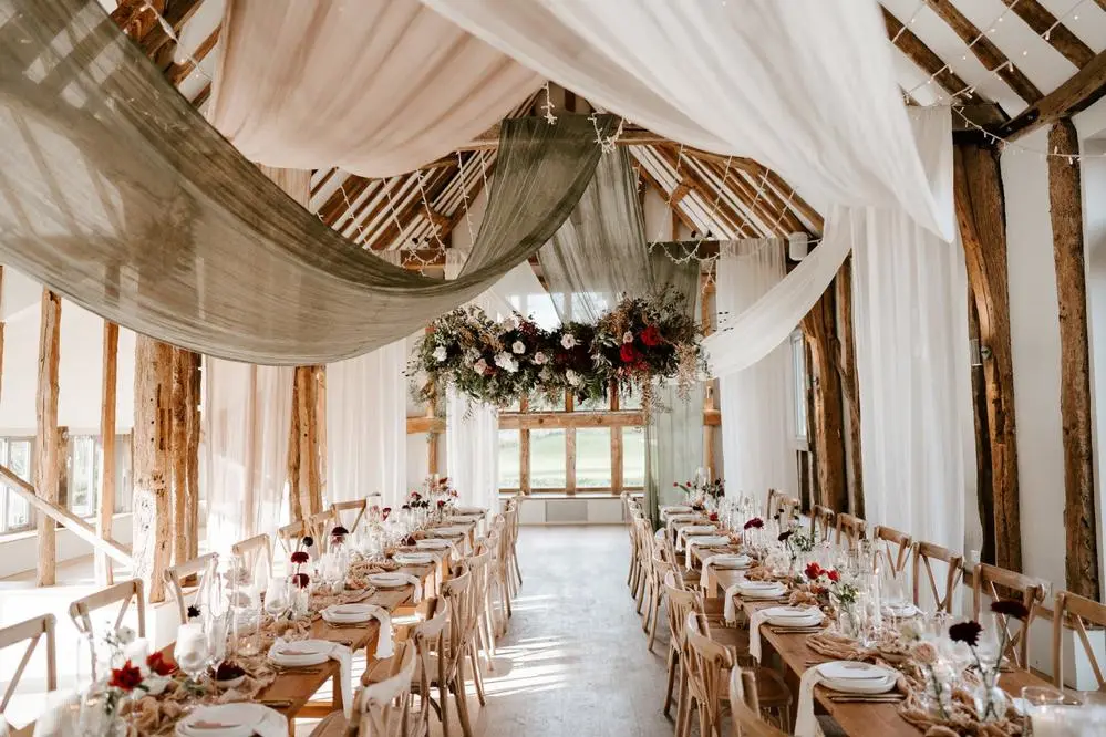 Easton Grange Suffolk wedding venue tables and venue decorated for wedding breakfast