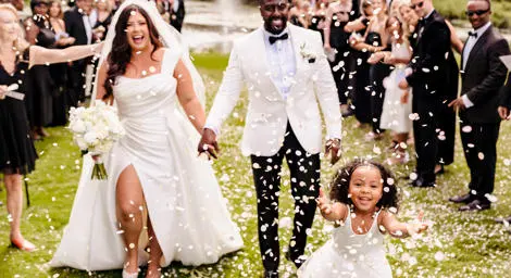 Bride and groom at elegant black tie wedding walking through confetti shower