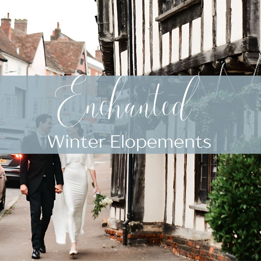 Bride and groom walking outside wintery Tudor building