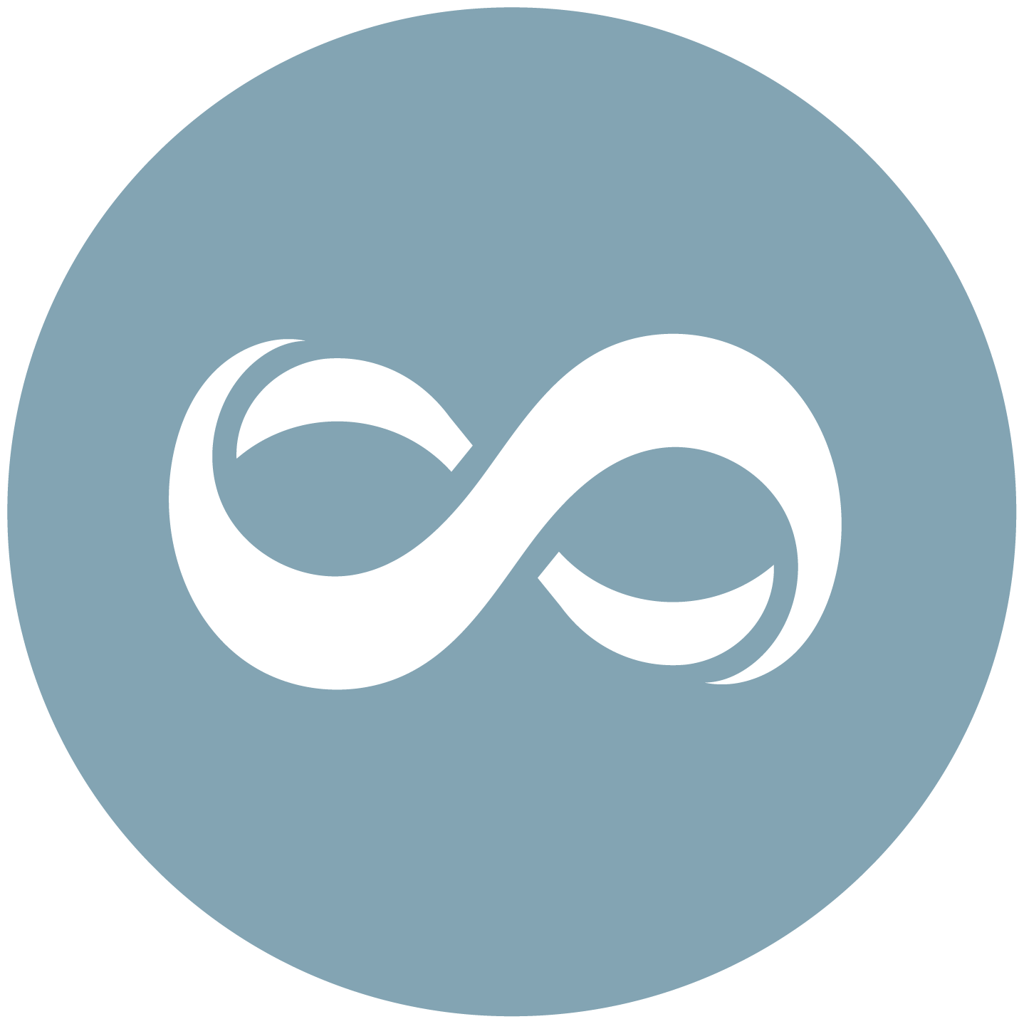White infinity logo on a light blue circle.