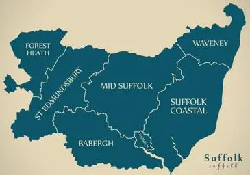 Map illustration of Suffolk showing the different districts. 