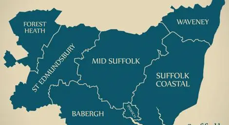 Map illustration of Suffolk showing the different districts.